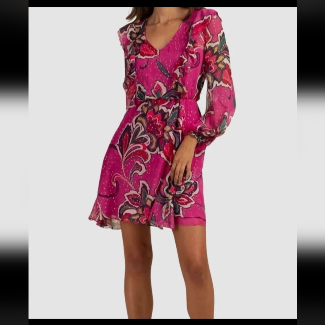 $478 Trina Turk Saka Pink Ruffled Long Balloon Sleeve A Line Dress Size L